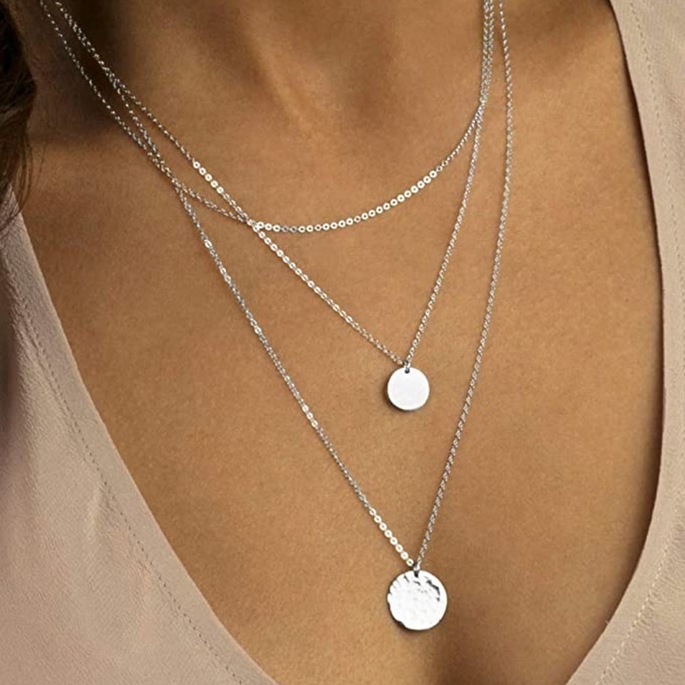 Moon Hammered Coin Full Karma Layered Silvertone Necklace Set 3 Chain